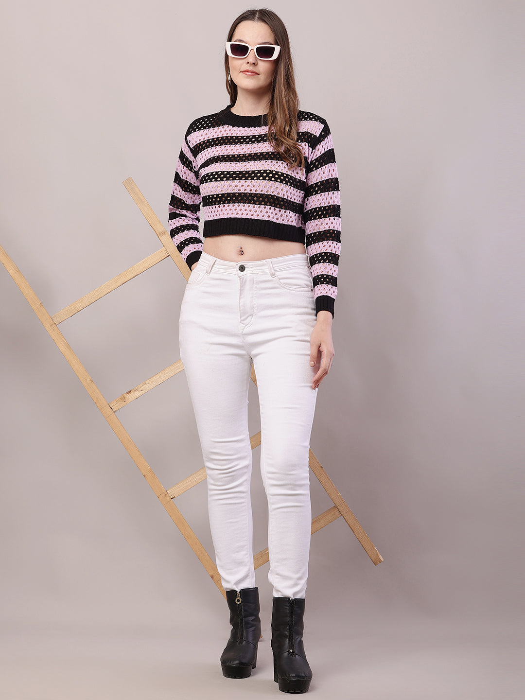 Women Purple Cotton Striped Crochet Full Sleeve Sweater
