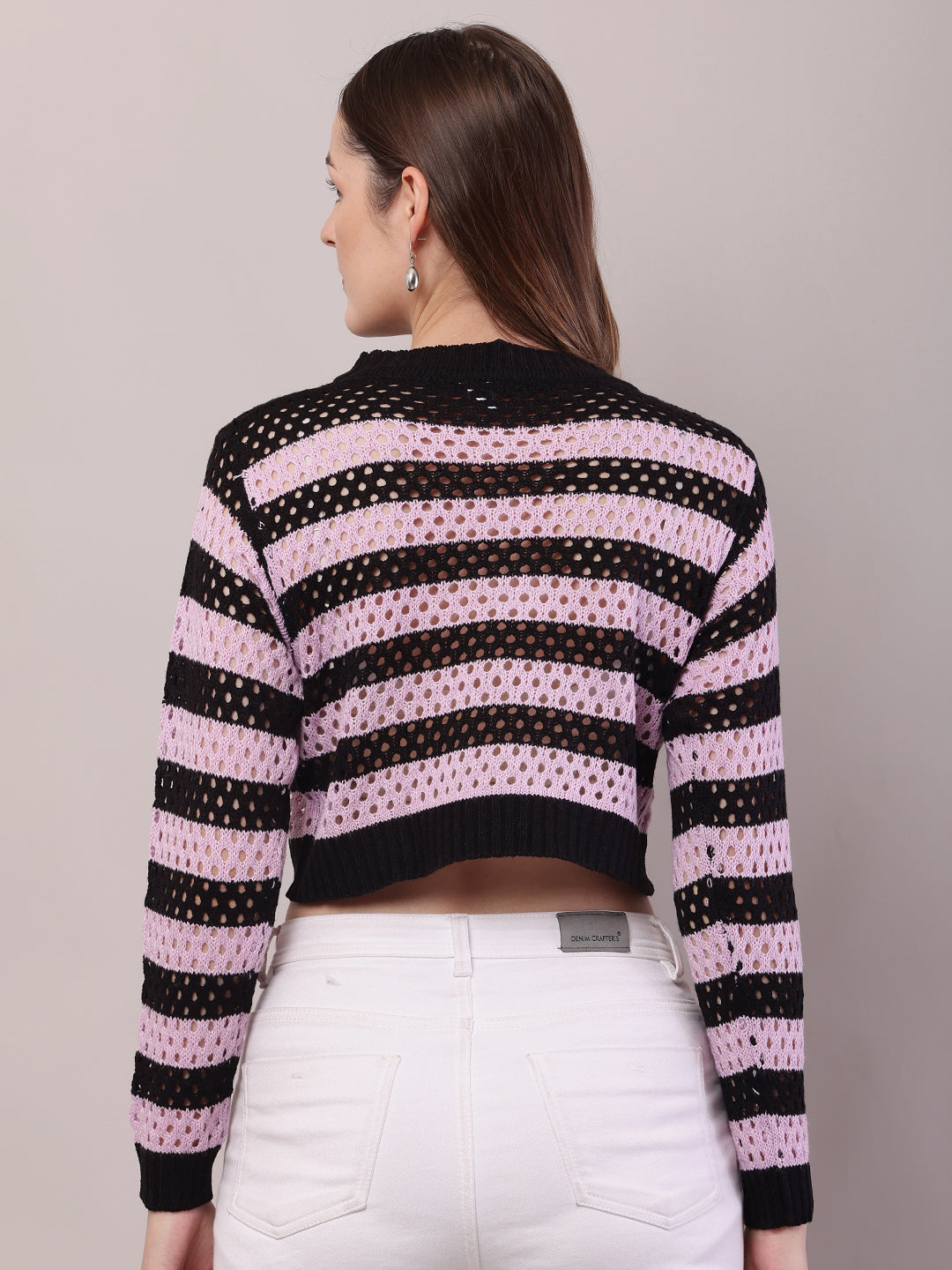 Women Purple Cotton Striped Crochet Full Sleeve Sweater