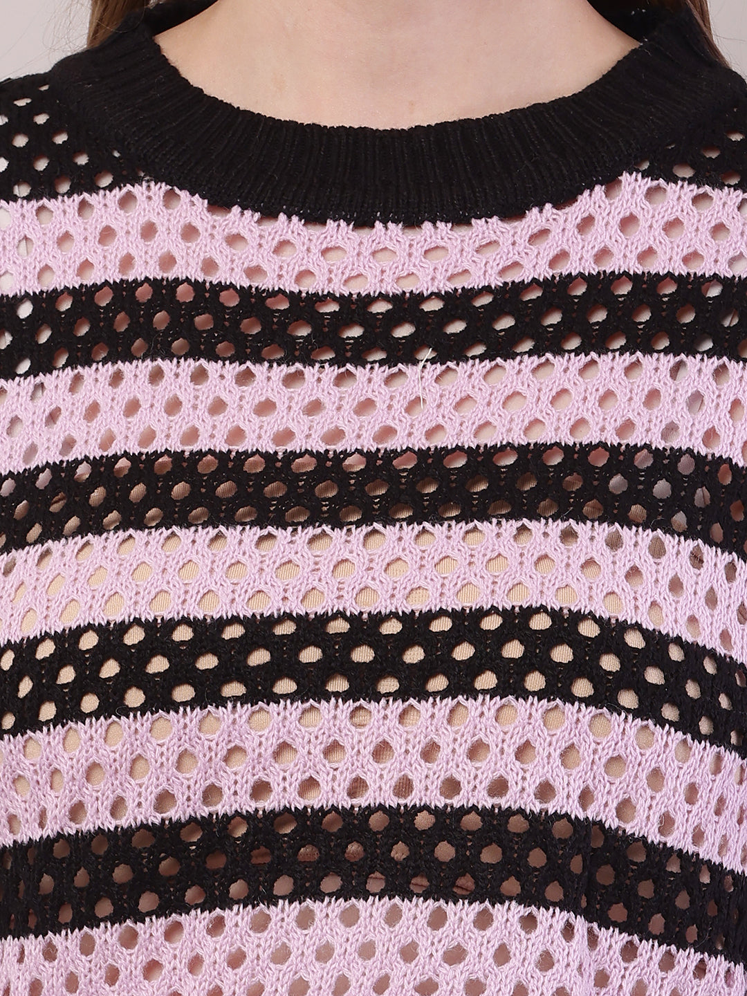 Women Purple Cotton Striped Crochet Full Sleeve Sweater