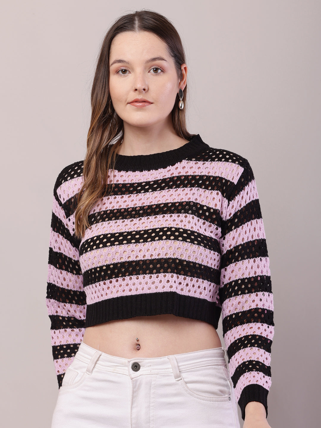 Women Purple Cotton Striped Crochet Full Sleeve Sweater