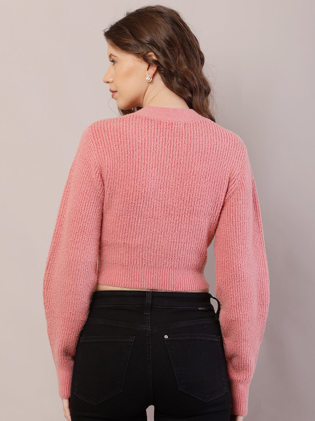 Women Ribbed Crop Light Peach Cardigan