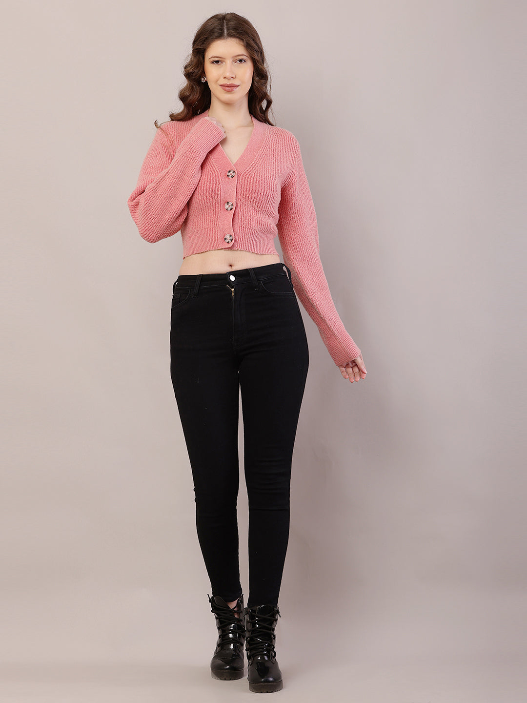 Women Ribbed Crop Light Peach Cardigan