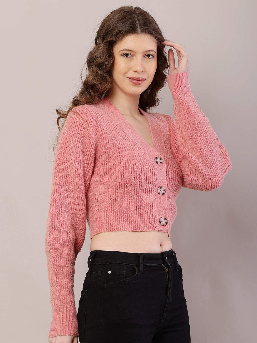 Women Ribbed Crop Light Peach Cardigan