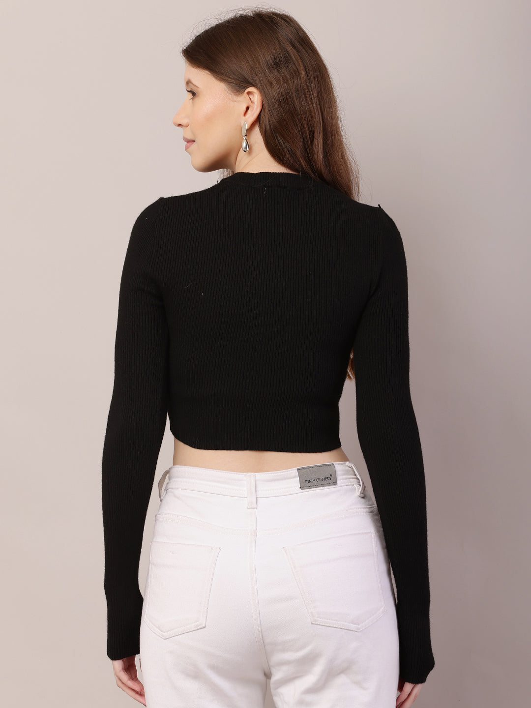 Women Round Neck Crop Black Sweater