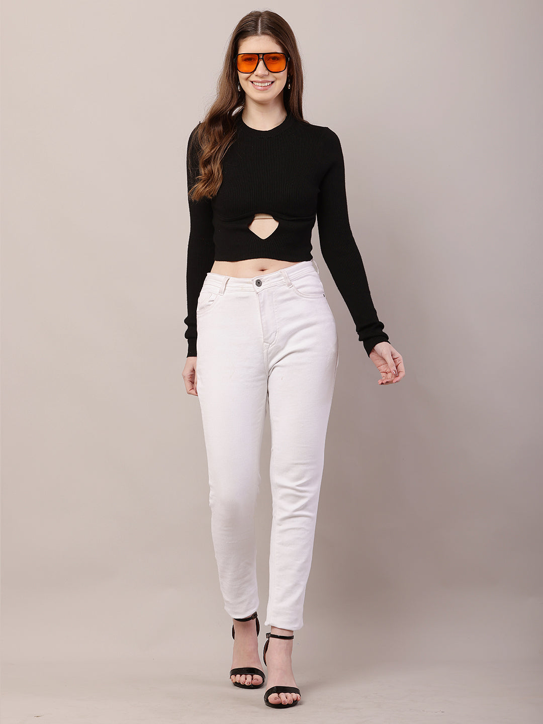 Women Round Neck Crop Black Sweater