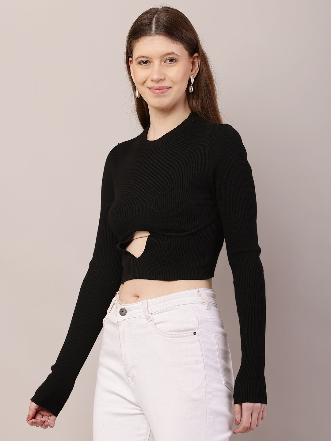 Women Round Neck Crop Black Sweater