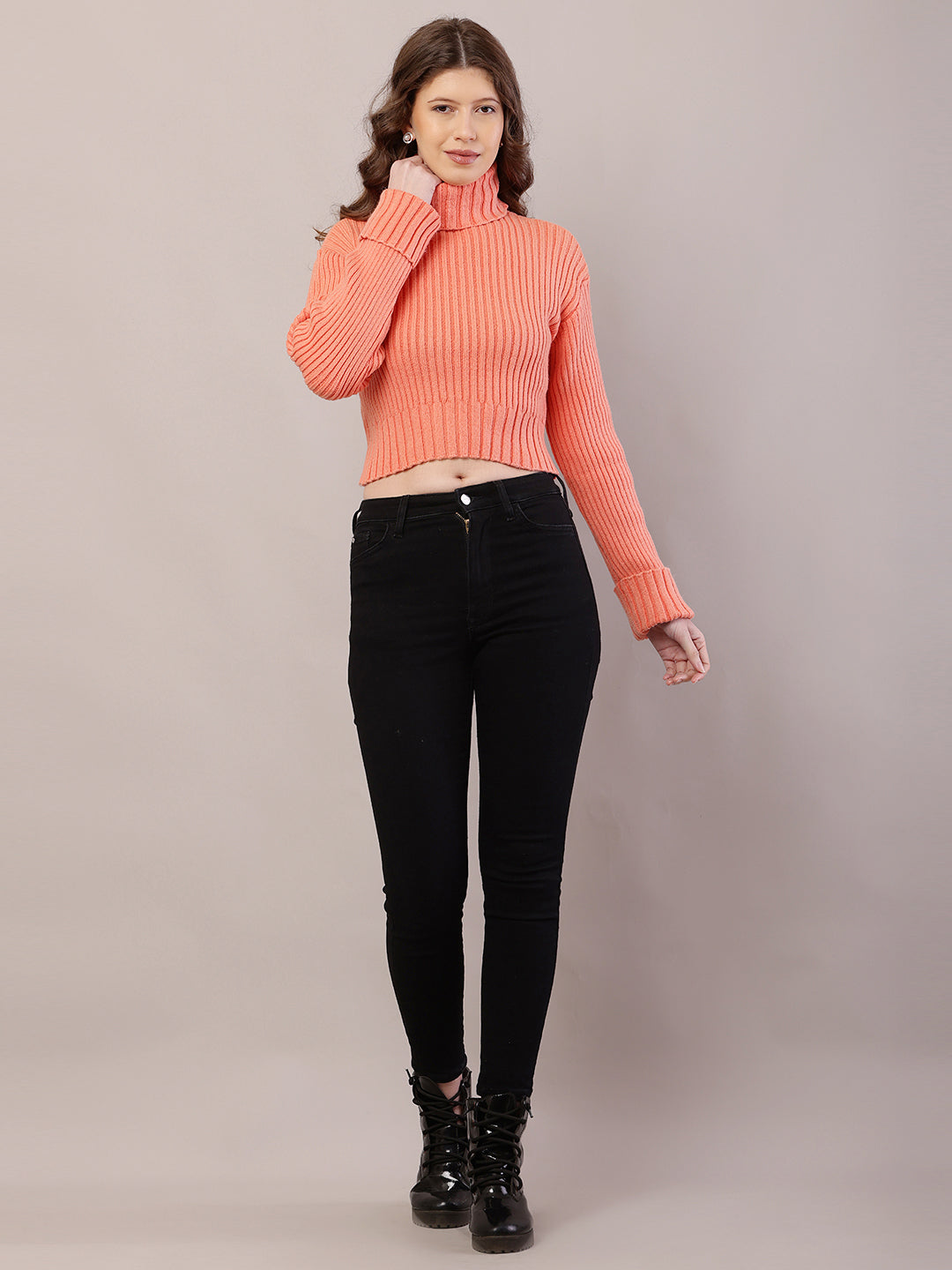 Women Ribbed Light Orange Sweater