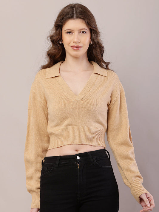 Women Ribbed Light Brown Sweater