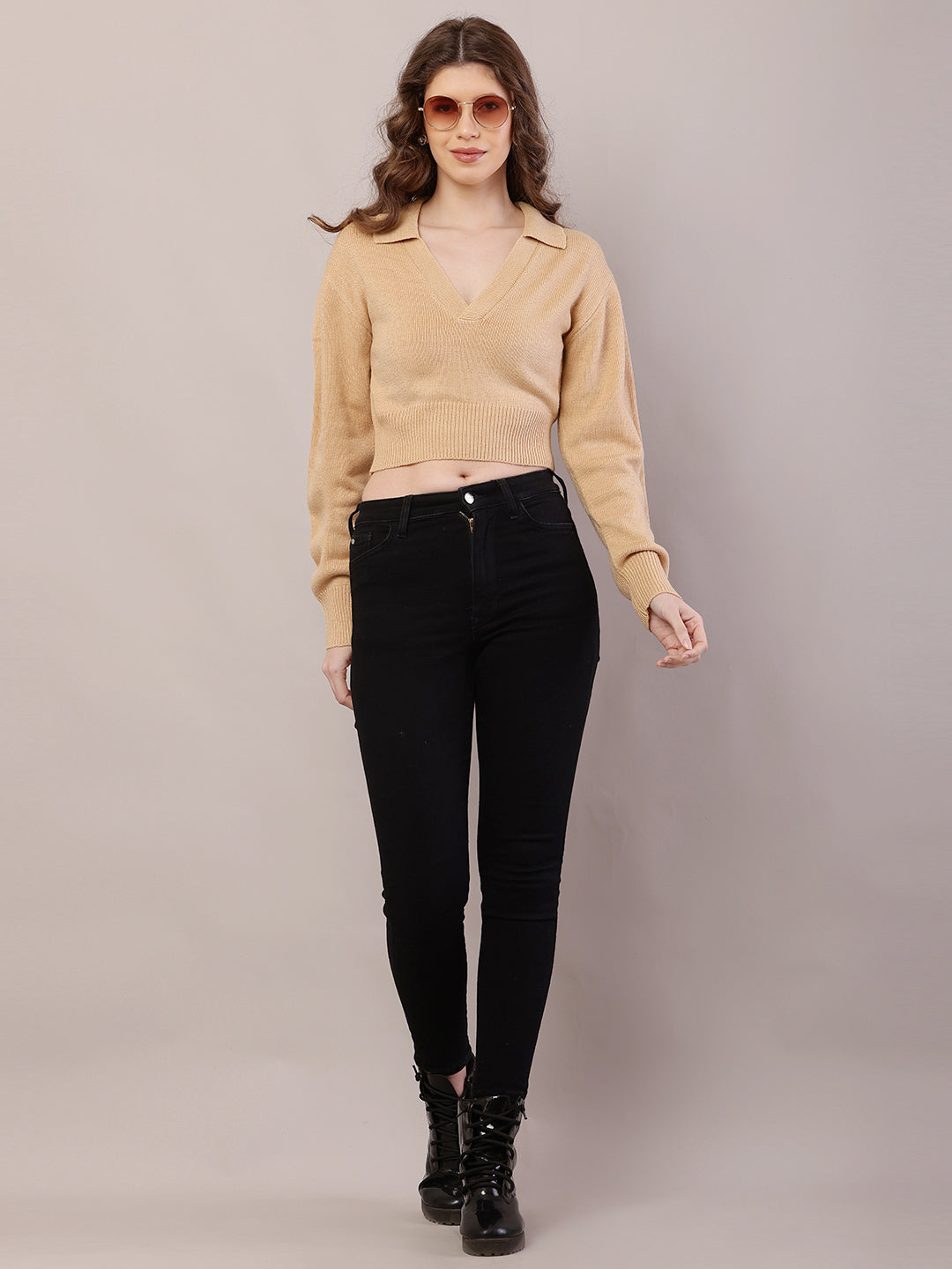 Women Ribbed Light Brown Sweater