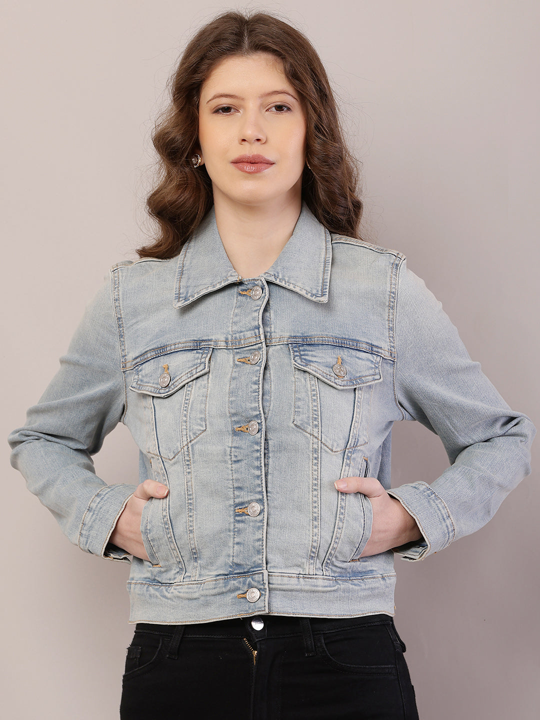 Women Shirt Collar Light Blue Jacket