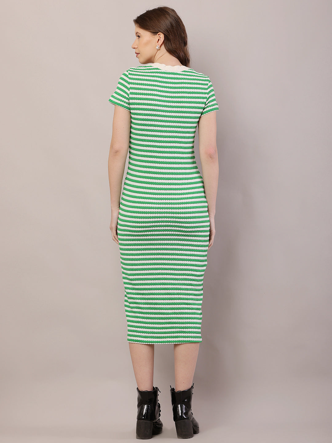 Women Green Striped Fitted Midi Dress