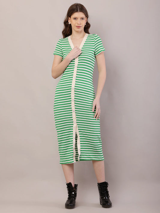 Women Green Striped Fitted Midi Dress