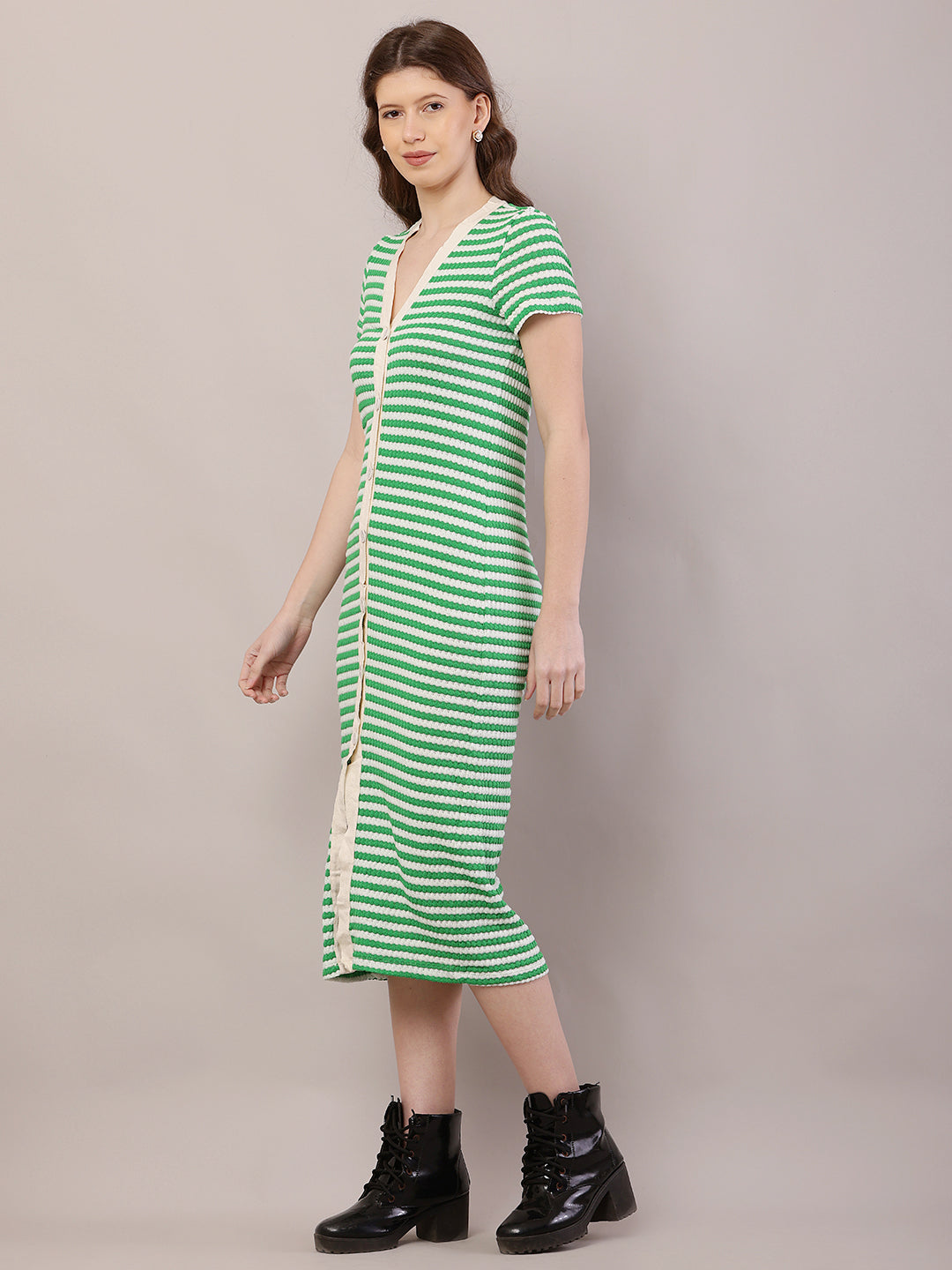 Women Green Striped Fitted Midi Dress