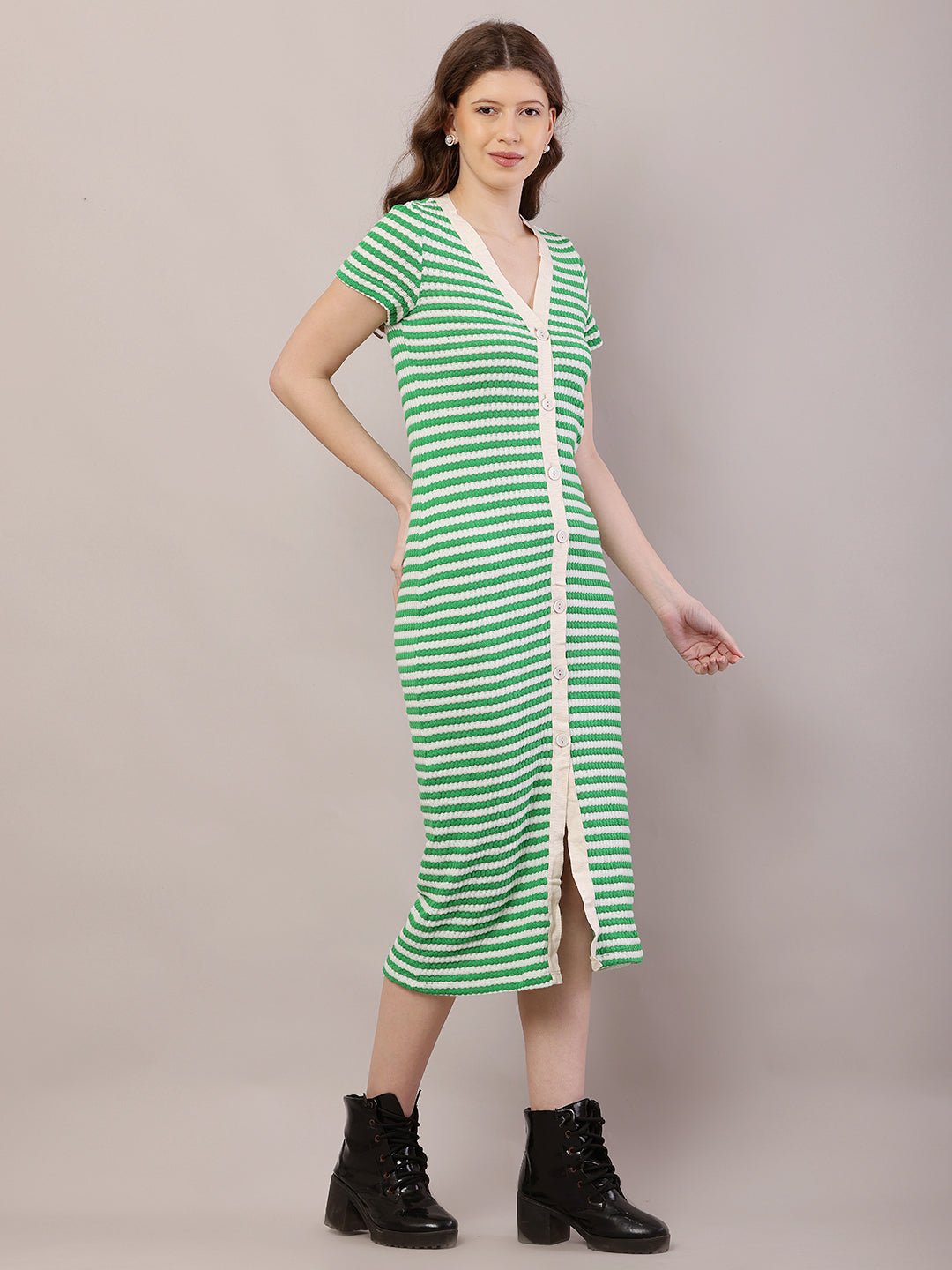 Women Green Striped Fitted Midi Dress