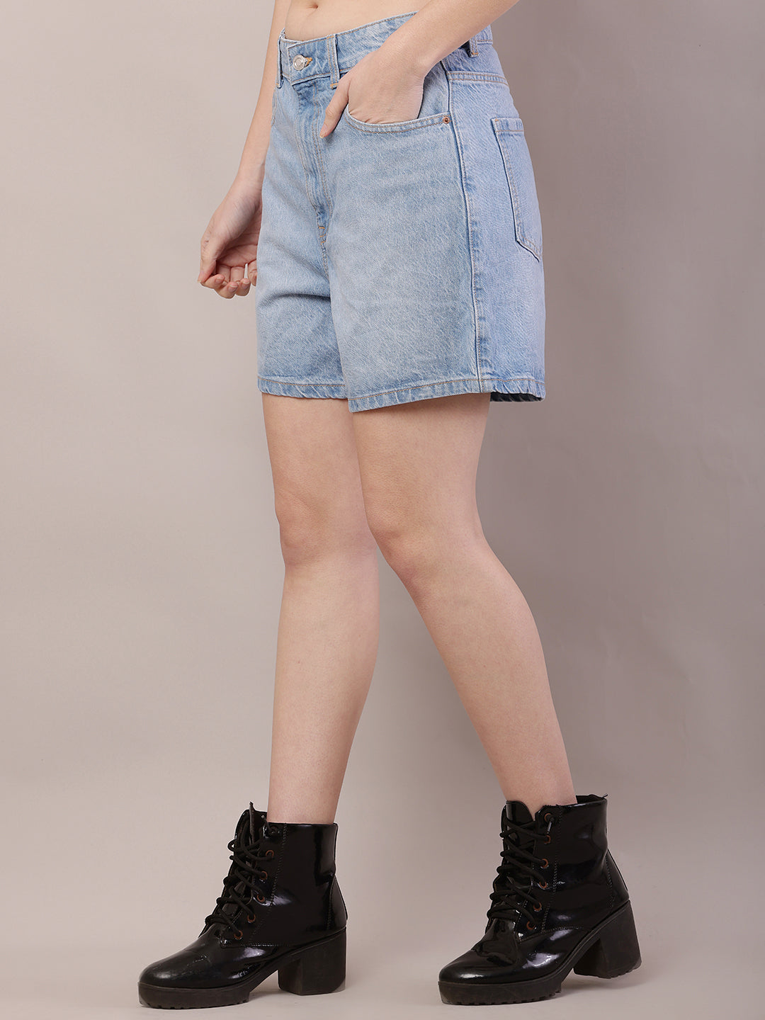 Women light blue cotton belt-loop shorts