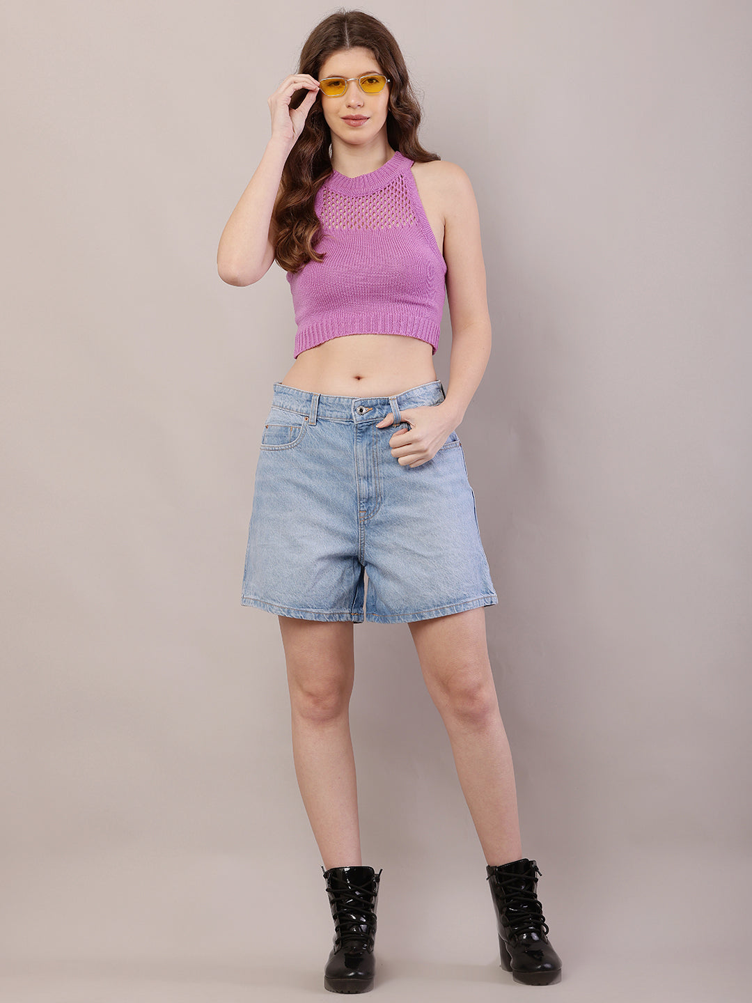 Women light blue cotton belt-loop shorts