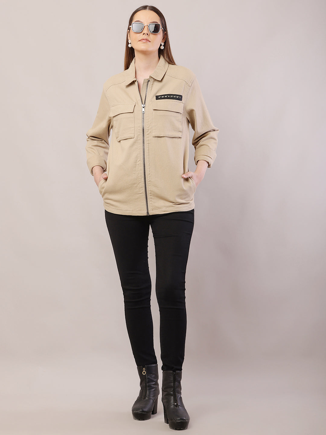 Women Shirt Collar Brown Jacket