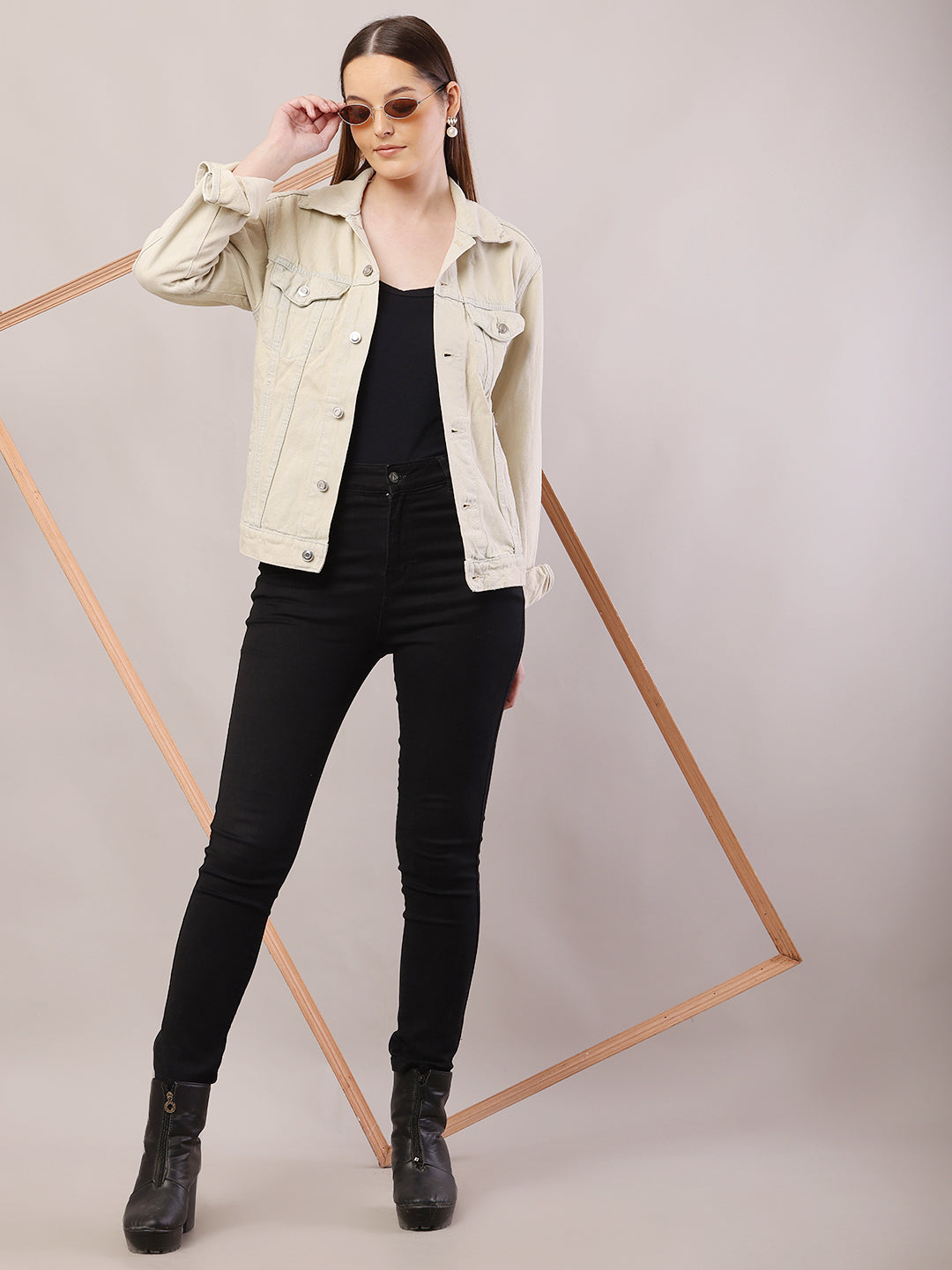Women Shirt Collar Light Beige Jacket