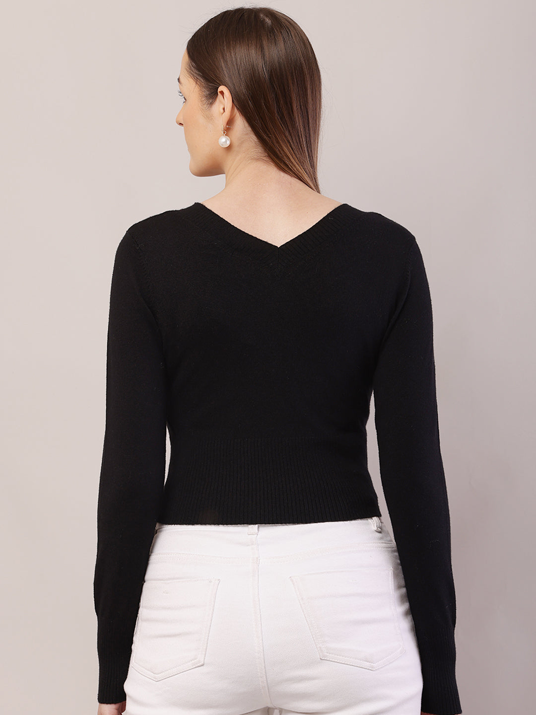 Women V-Neck Crop Black Sweater