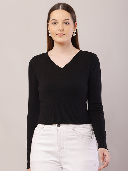 Women V-Neck Crop Black Sweater