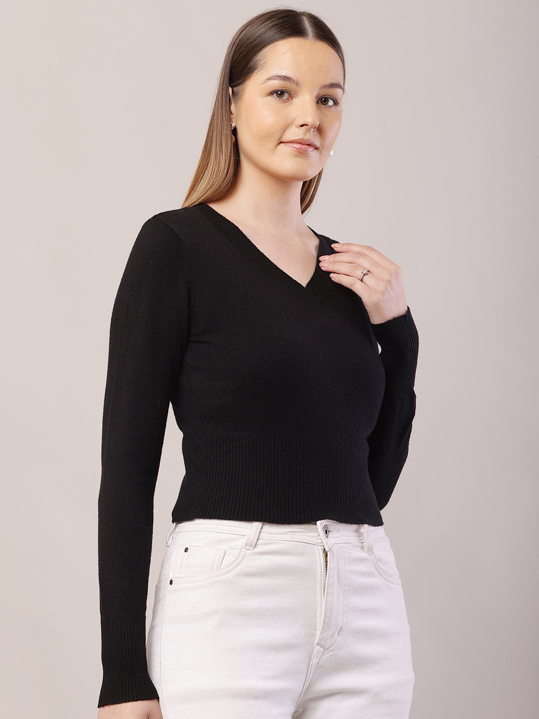 Women V-Neck Crop Black Sweater