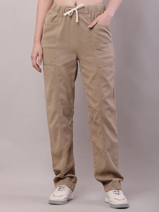 Women Brown Cotton Elastic Drawstring Trouser