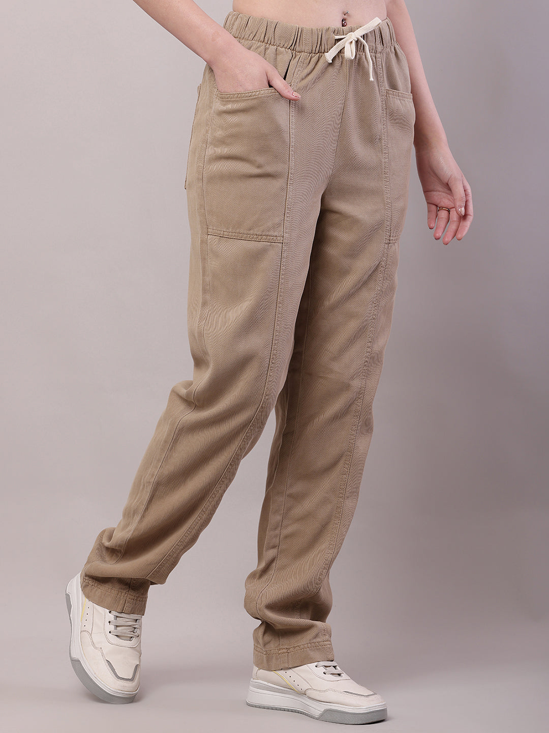Women Brown Cotton Elastic Drawstring Trouser