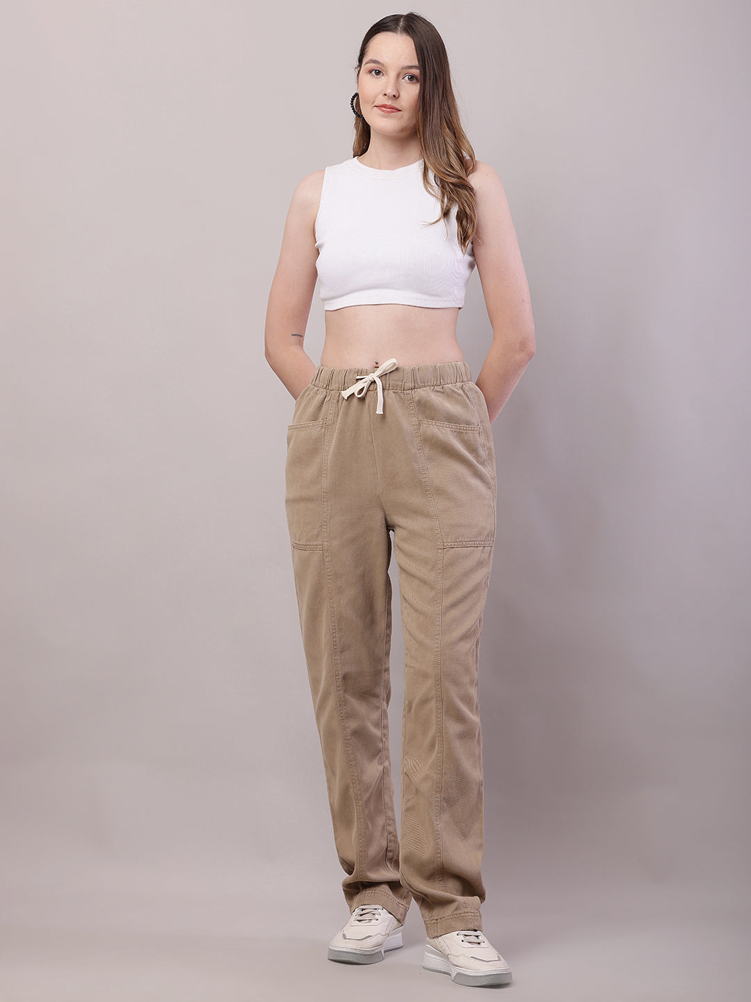 Women Brown Cotton Elastic Drawstring Trouser