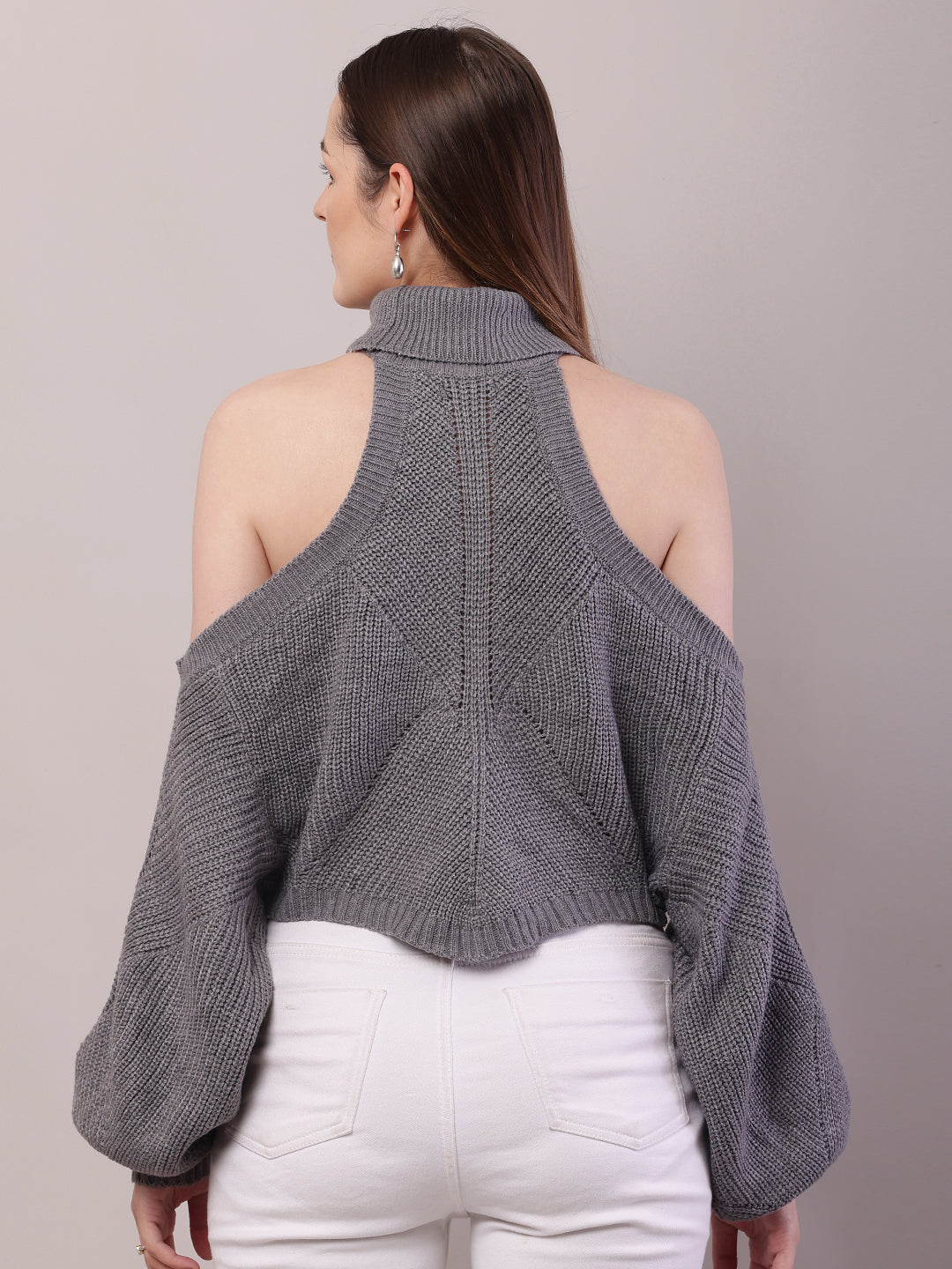 Women Grey Acrylic Mock Neck Cold Shoulder Sweater