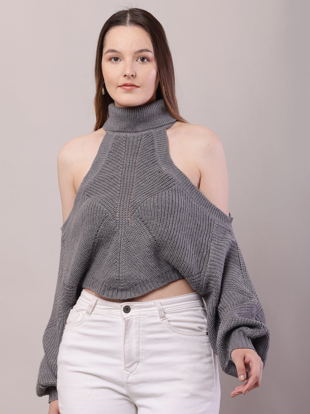 Women Grey Acrylic Mock Neck Cold Shoulder Sweater
