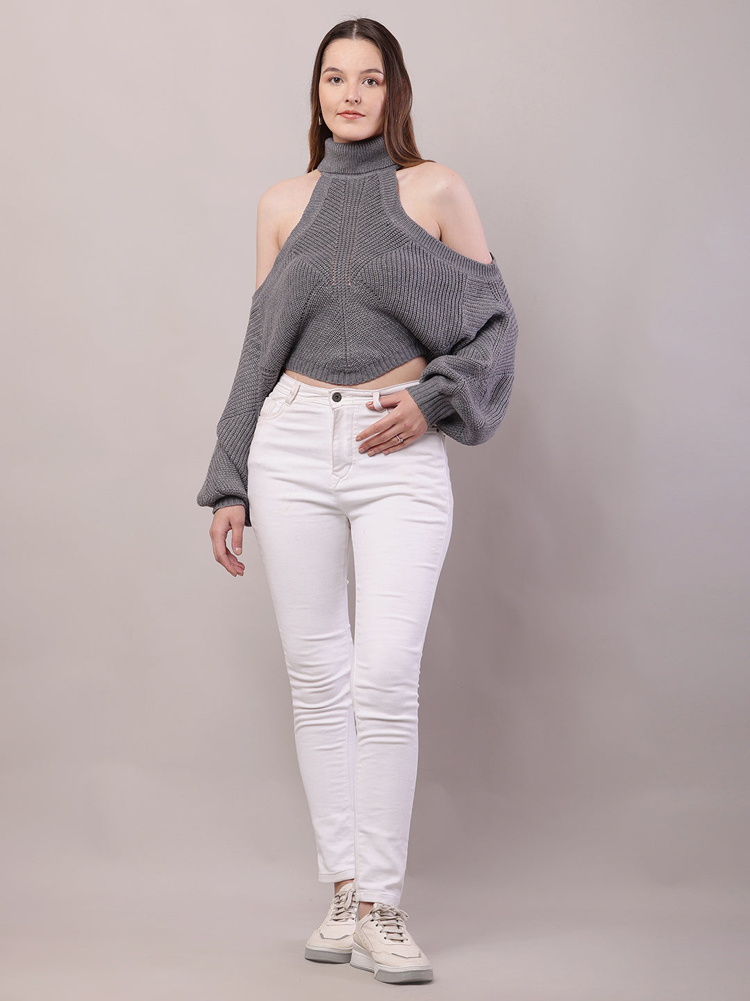 Women Grey Acrylic Mock Neck Cold Shoulder Sweater