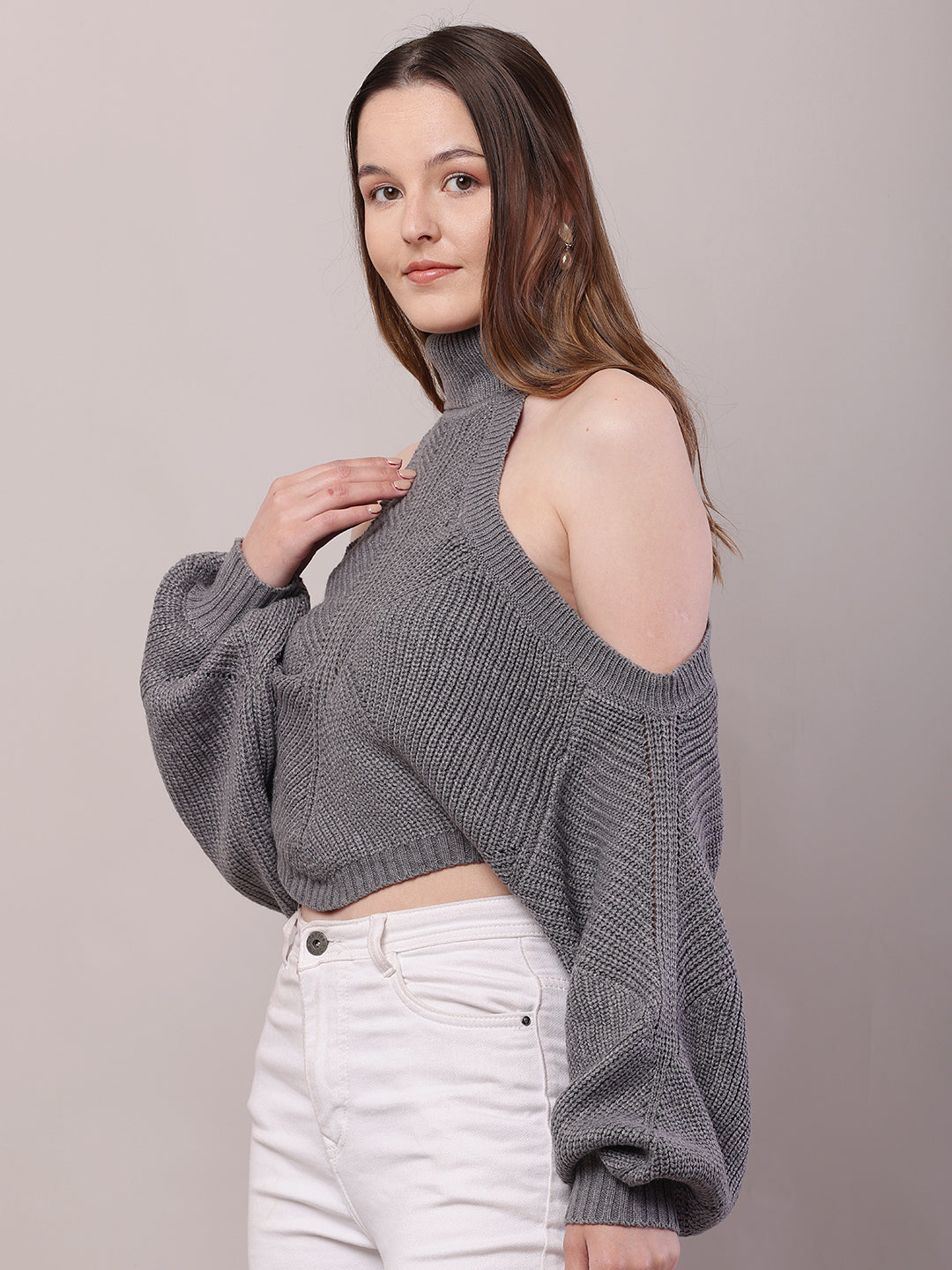 Women Grey Acrylic Mock Neck Cold Shoulder Sweater