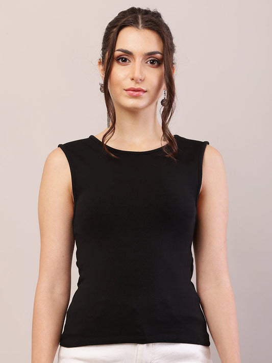 Women black viscose round neck tank top.