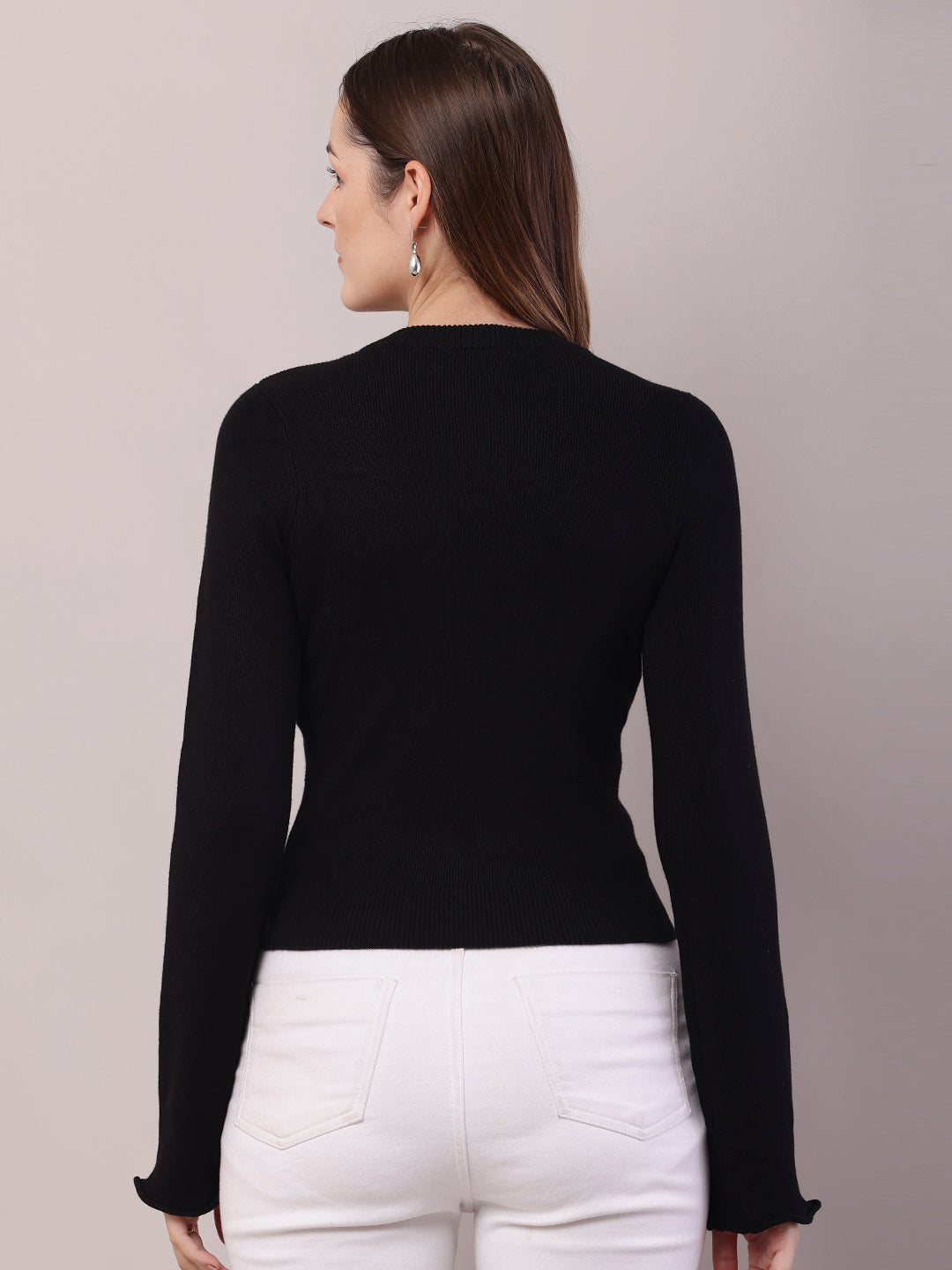 Women Black Viscose Full Sleeve V-Neck Sweater