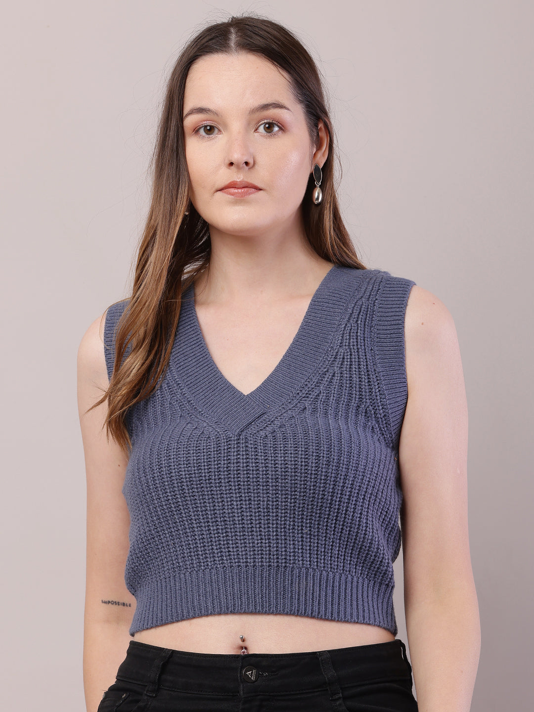 Women Blue Acrylic Sleeveless V-Neck Cable Knit Sweater