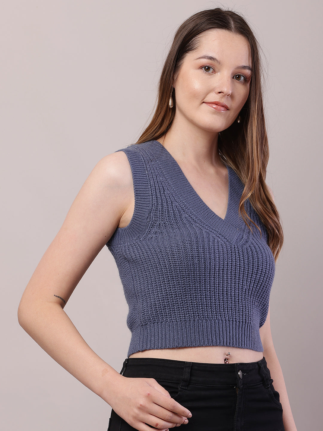 Women Blue Acrylic Sleeveless V-Neck Cable Knit Sweater