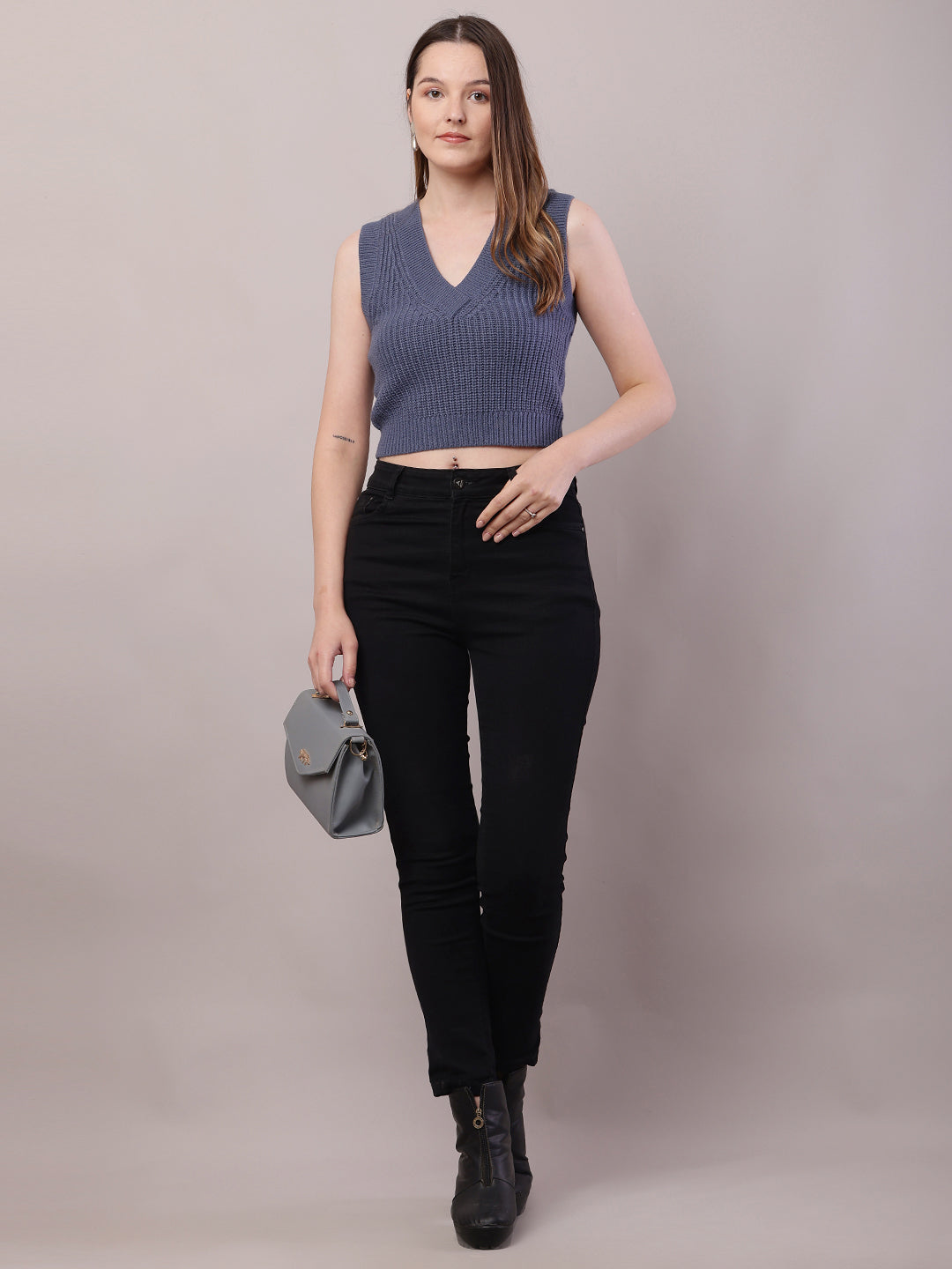 Women Blue Acrylic Sleeveless V-Neck Cable Knit Sweater