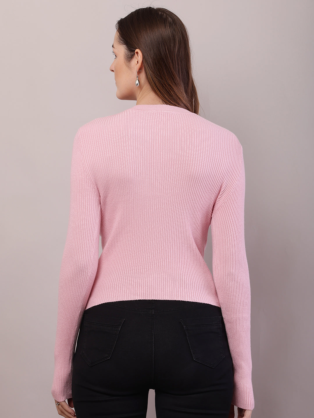 Women Baby Pink Viscose Full Sleeve Sweater