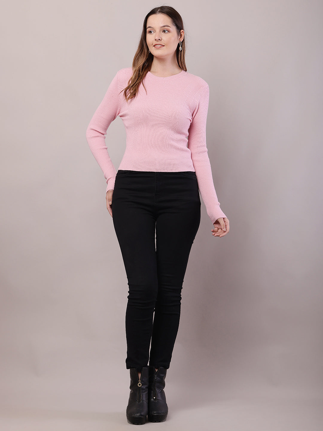 Women Baby Pink Viscose Full Sleeve Sweater