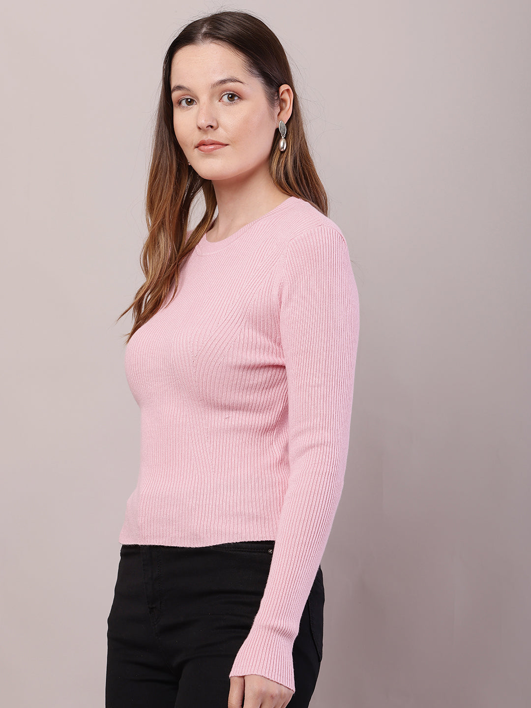 Women Baby Pink Viscose Full Sleeve Sweater