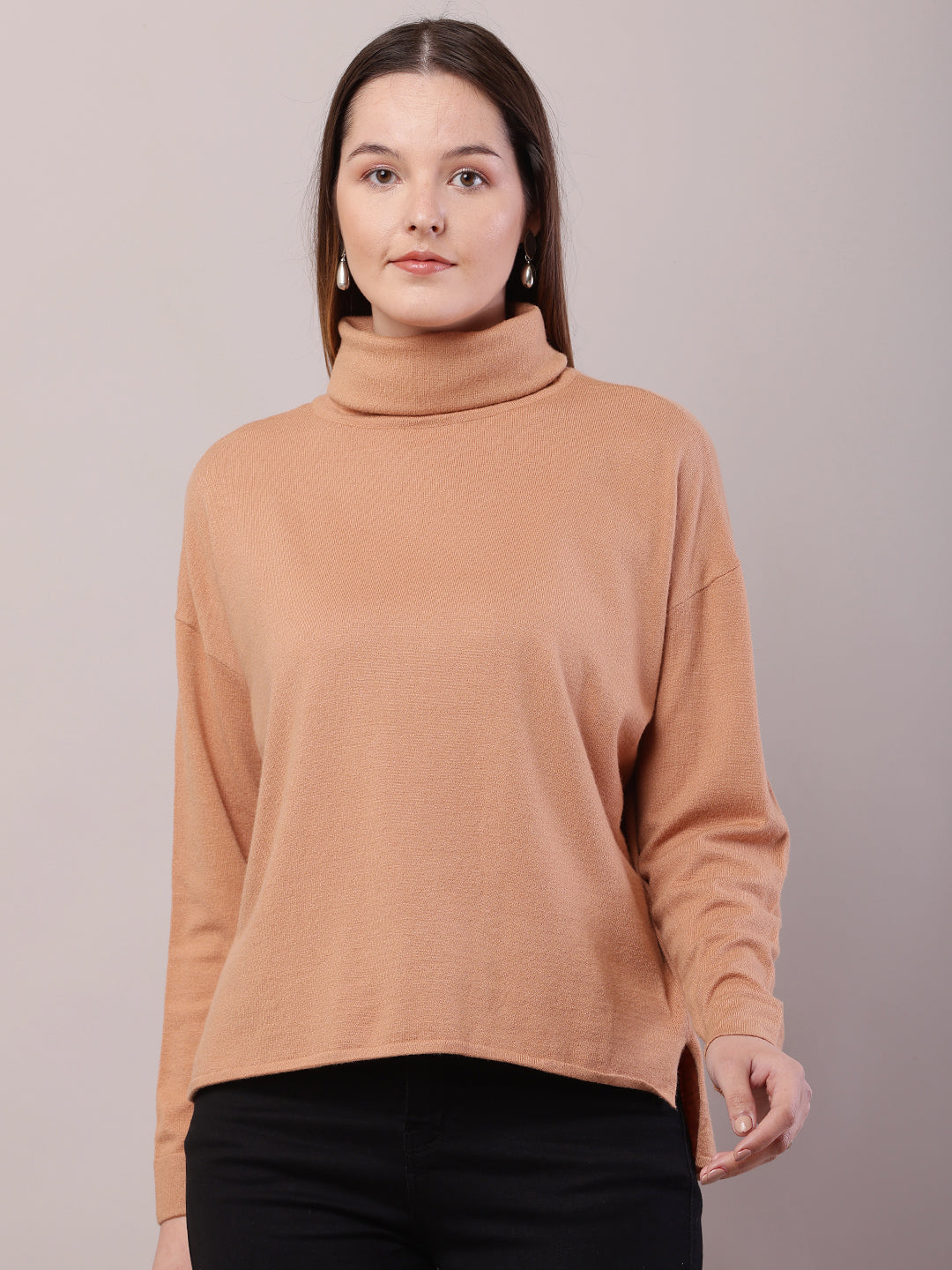 Women Brown Viscose Full Sleeve High-Neck Sweater
