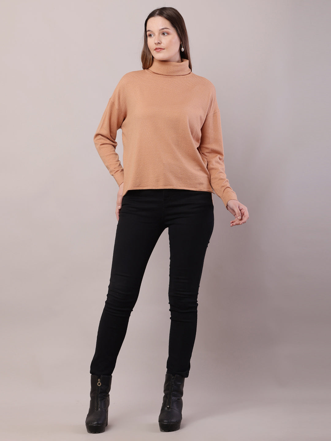 Women Brown Viscose Full Sleeve High-Neck Sweater