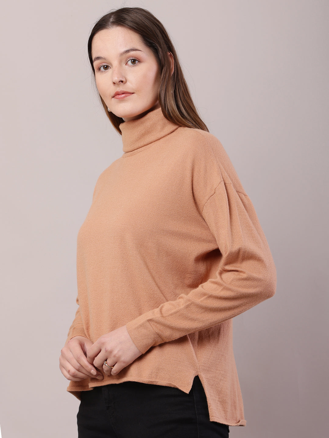 Women Brown Viscose Full Sleeve High-Neck Sweater