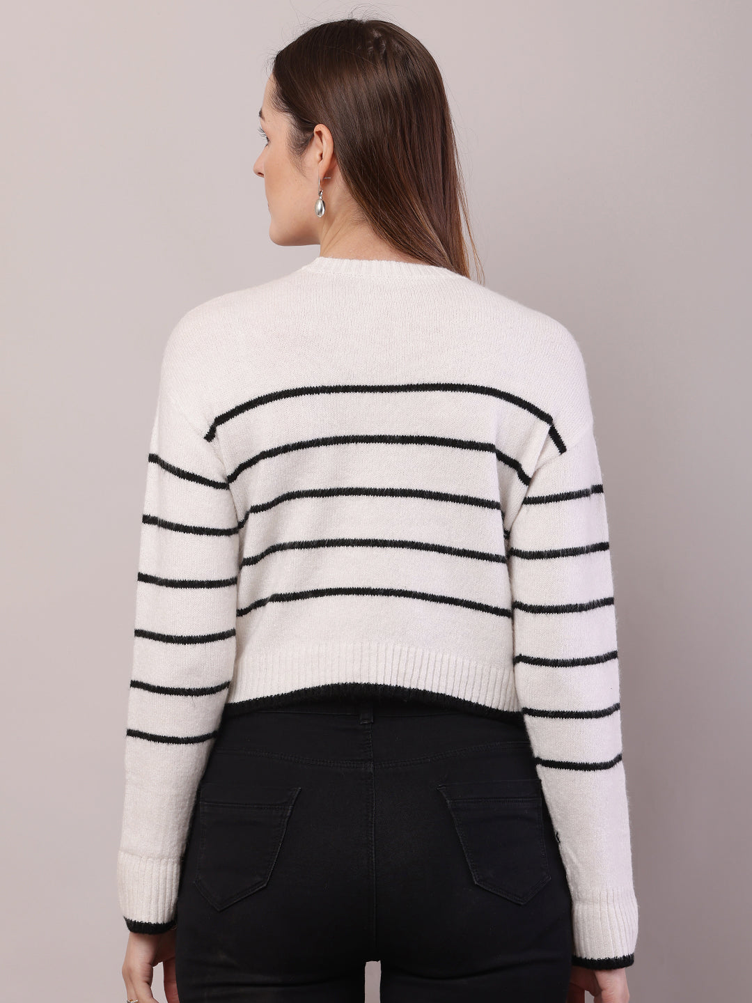 Women Striped Acrylic Crew Neck Full Sleeve Sweater