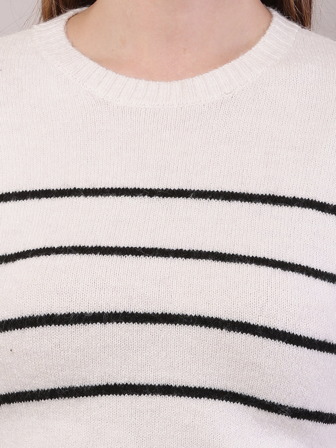 Women Striped Acrylic Crew Neck Full Sleeve Sweater