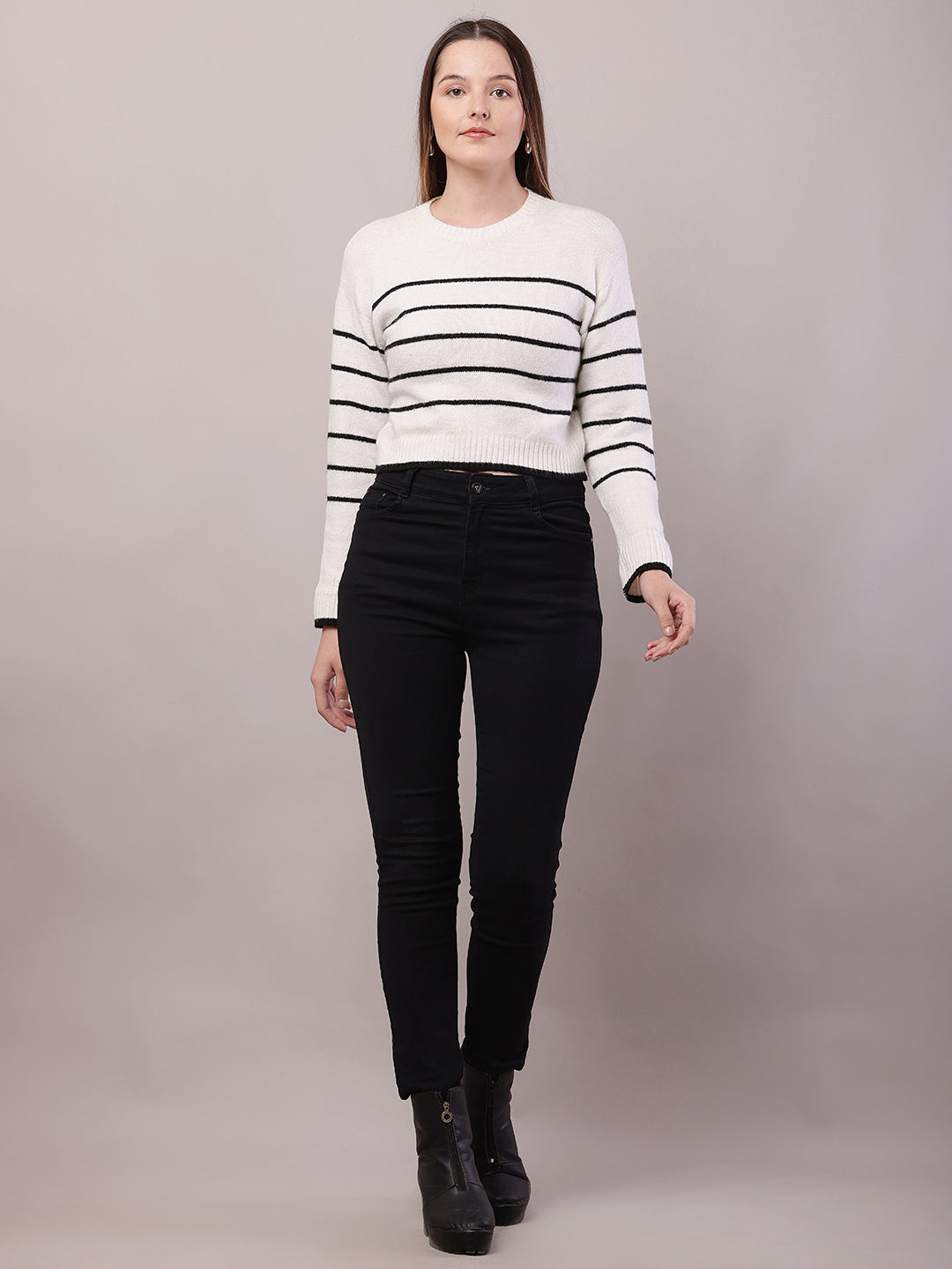 Women Striped Acrylic Crew Neck Full Sleeve Sweater