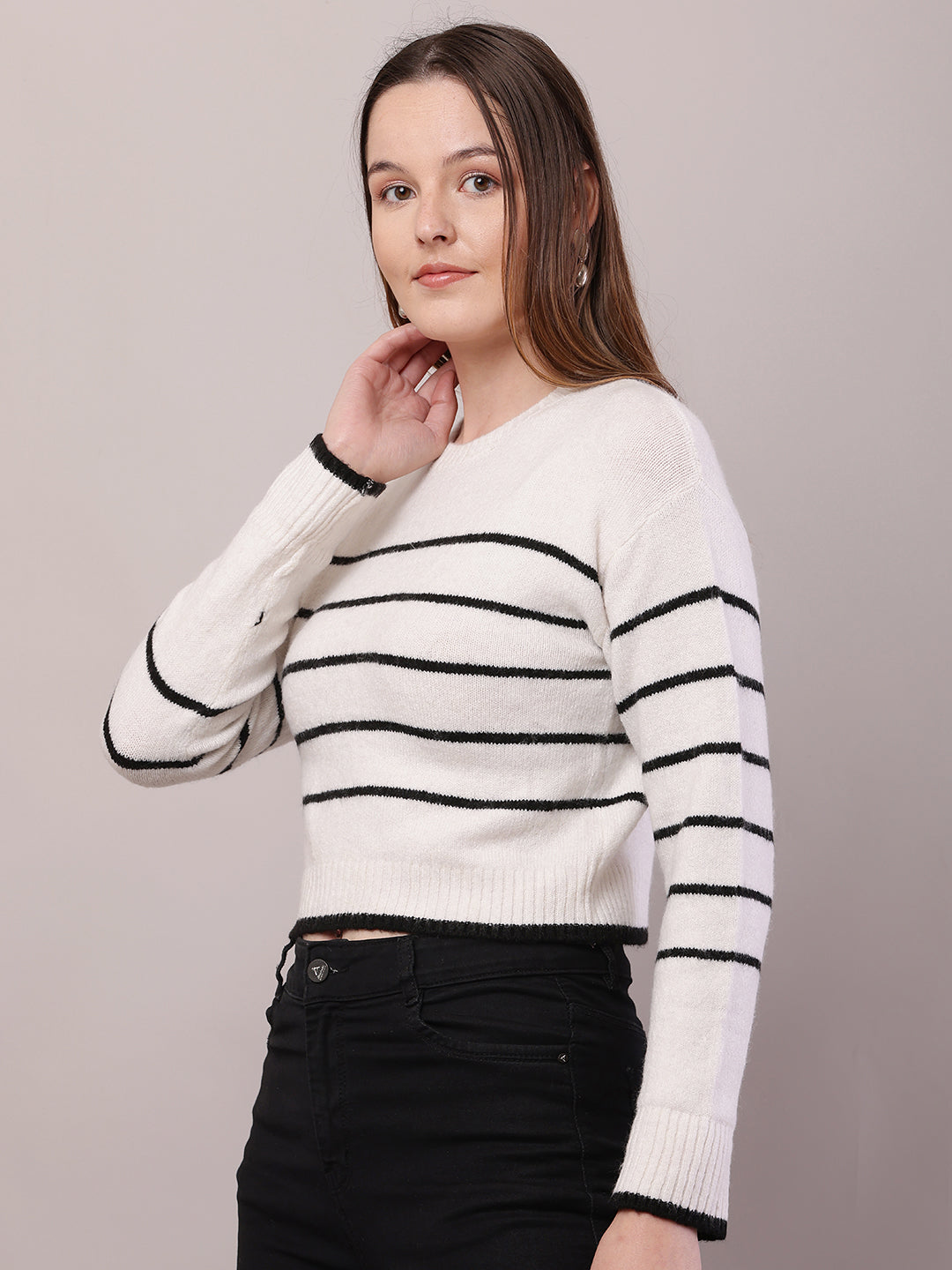 Women Striped Acrylic Crew Neck Full Sleeve Sweater