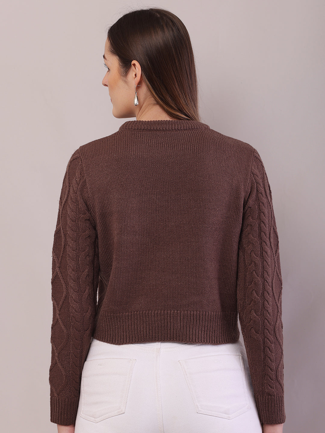 Women Brown Acrylic Cable Knit Full Sleeve Sweater
