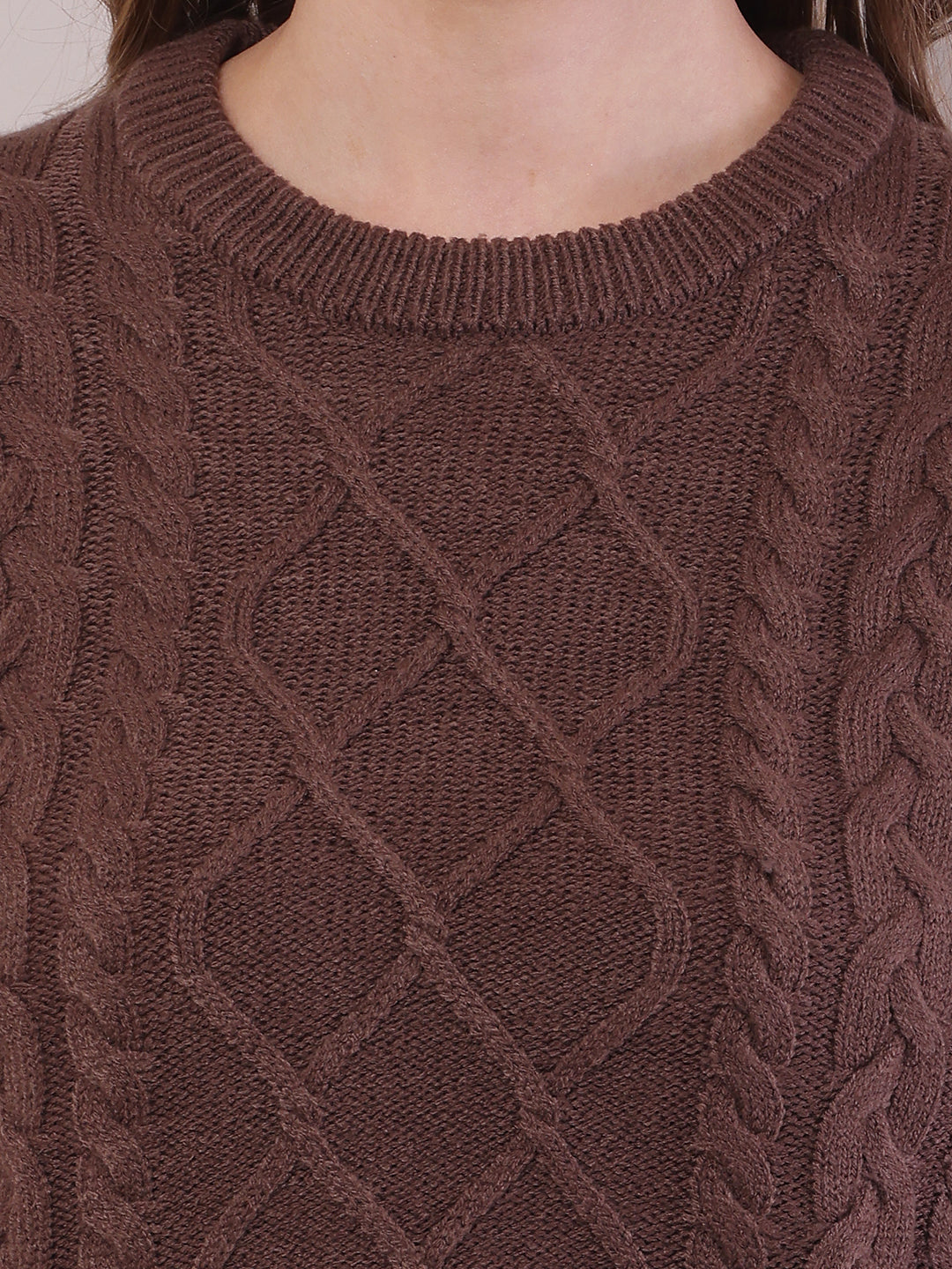 Women Brown Acrylic Cable Knit Full Sleeve Sweater
