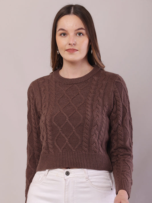 Women Brown Acrylic Cable Knit Full Sleeve Sweater